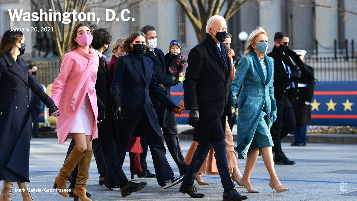 nytimes's tweet photo. President Biden and his family continued with the inaugural tradition of exiting the presidential limo and strolling down Pennsylvania Avenue toward the White House.

The customary walk began in 1977 when Jimmy Carter unexpectedly exited his limousine. https://t.co/zeqBrdoIdV https://t.co/62etac7VDK