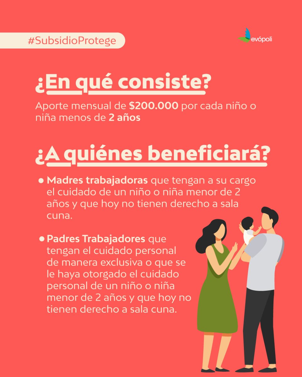 evopoliconchali's tweet photo. Para l@s trabajador@ que están a cargo de niñ@s menores de 2 años. El Gobierno de Chile anunció el Subsidio Protege, aporte mensual de $200.000 por menor de 2 años.
Acá te dejamos más detalles y requisitos 
Los invitamos a postular a partir de febrero en https://t.co/5iDCYnySSd https://t.co/0xaaKe7p6Q