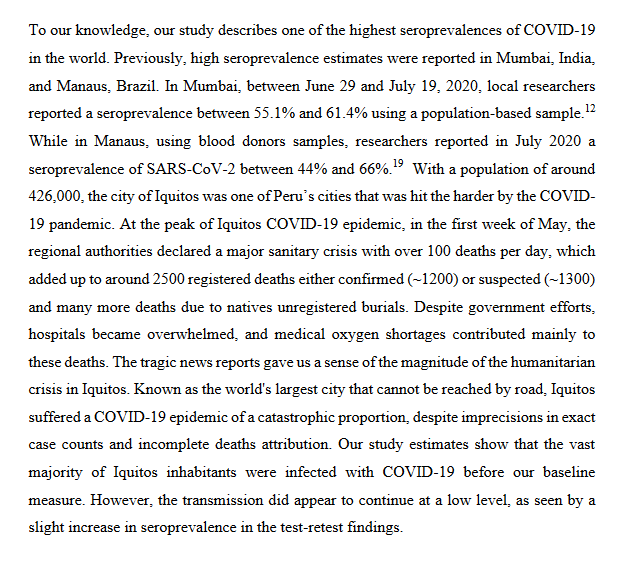 Iquitos recorded ~2500 confirmed + suspected COVID deaths in its 1st wave suggesting at least ~0.6% of its population died over this period. Maynas province (Iquitos makes up 79% of the population) has so far recorded 7947 excess DPM (0.79% of the population). 7/n