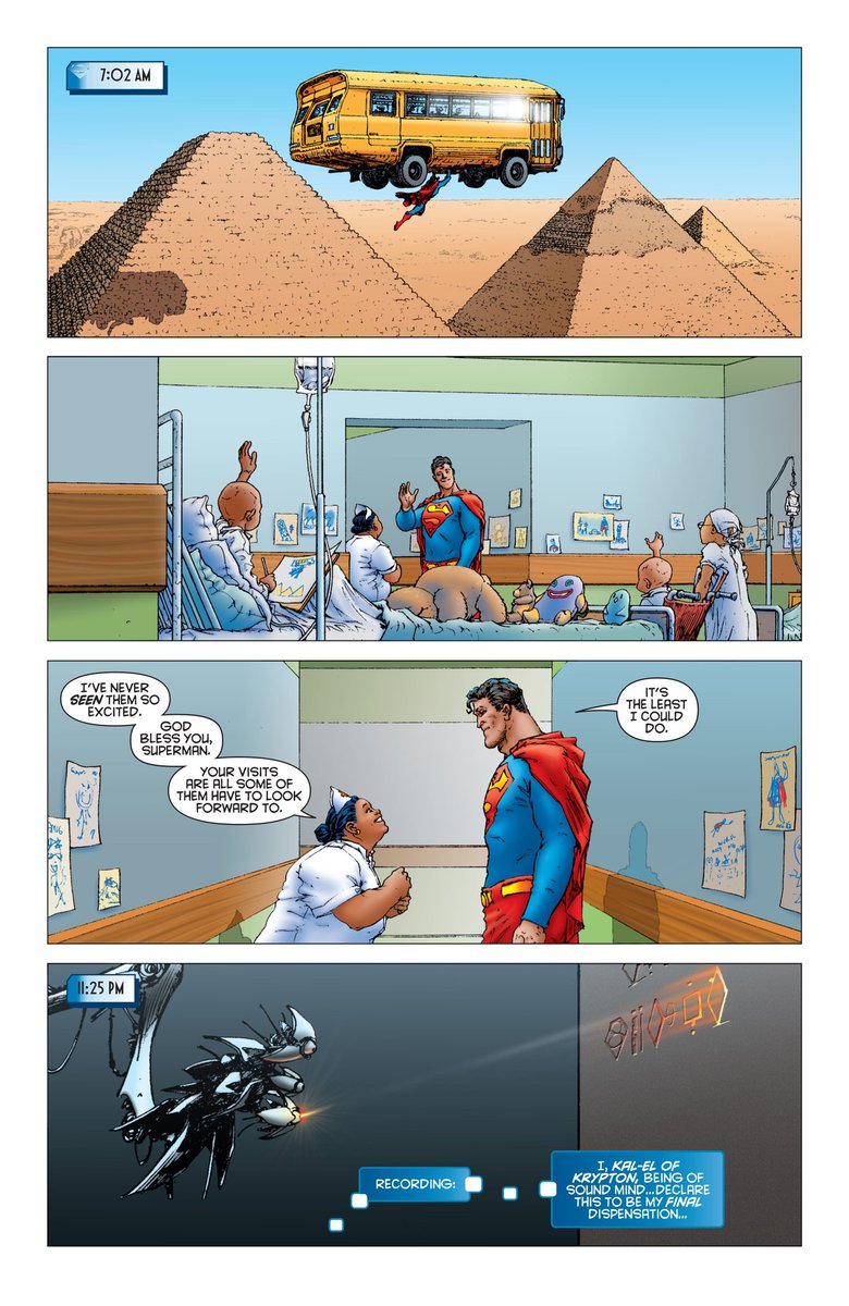 This issue is very much a "Day in the Life of Superman" story. We see that even in the condition that he is, his death looming ever closer, Clark does not stop. Not from stopping the greatest threats, or just giving people in need some moments of happiness and comfort.