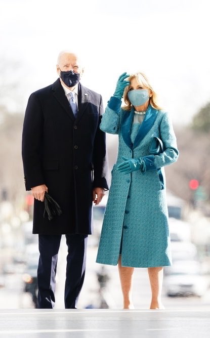 Big fan of the Dr Biden’s sparkly coat and coordinated mask. Marks and Spencer will sell a version of this by next week.