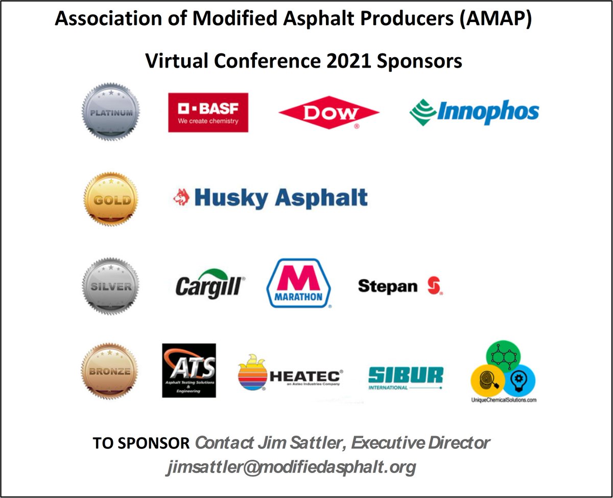 The 2021 AMAP Virtual Conference is quickly approaching, but there is still time to become a sponsor!!
Visit modifiedasphalt.org to learn more about the conference and contact Executive Director, Jim Sattler (jimsattler@modifiedasphalt.org) to become a sponsor!