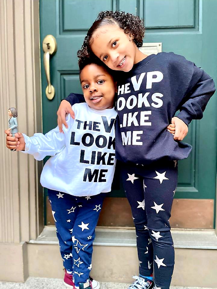 AyannaPressley's tweet photo. Madame @VP thank you, for our Cora, Godkids &amp; future generations. By taking your seat, you've planted seeds, shattered ceilings &amp; blown open doors. We feel collective pride &amp; promise. Shout out to @vplikeme the mbe I purchased these sweatshirts from for these two. https://t.co/cxjoOOj0iJ