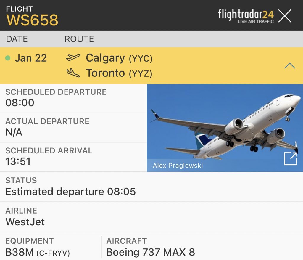 TomPodolec's tweet photo. Westjet’s first Boeing #737Max flight is planned for tomorrow Jan 21 as #WS115 from Calgary to Vancouver. Beginning Friday Jan 22 they will operate three times weekly return flights from Calgary to Toronto. https://t.co/BELWgt8GIK