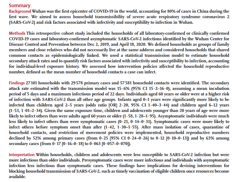 Oddly, attack rates in 18-29 and 30-59 were significantly lower than <12, 12-17 and >60. A new paper in the Lancet studying household transmissions in Wuhan did suggest >60 yr old are likely at higher risk of infection than other age groups. 5/n  https://www.thelancet.com/journals/laninf/article/PIIS1473-3099(20)30981-6/fulltext