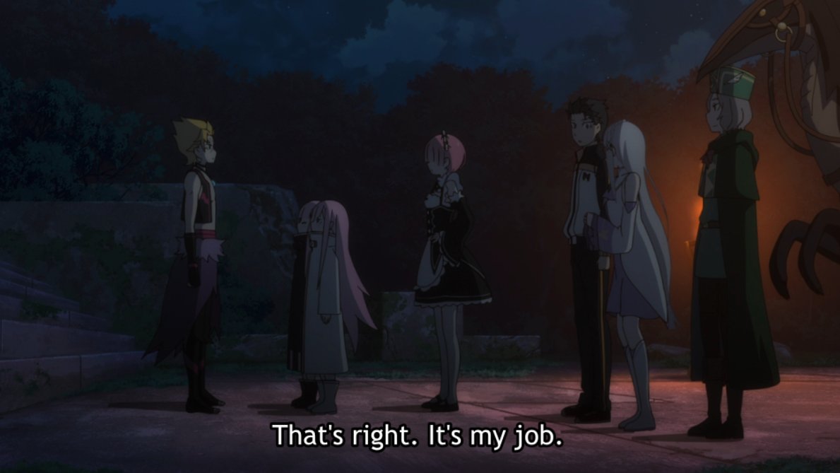 Okay, so Subaru doesn't actually say this in the novel, as he believes in Emilia — I guess they added it to hammer in to the viewer that what comes next is Emilia's job and no one else's?