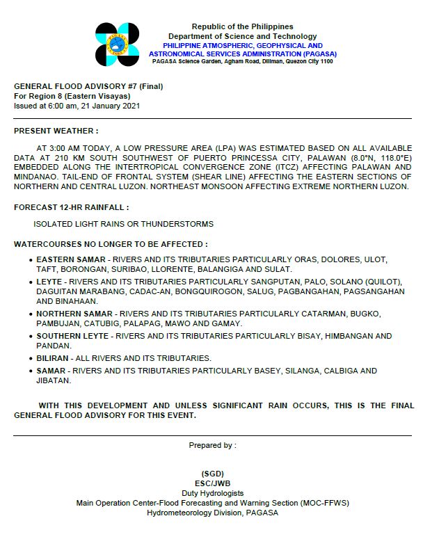 dost_pagasa's tweet photo. GENERAL FLOOD ADVISORIES ISSUED AS OF 6AM 21 JANUARY 2021
Region 5 - Bicol #5Final
Region 7 - Central Visayas #5Final
Region 8 - Eastern Visayas #7Final
Region 9 - Zamboanga #12 https://t.co/n3xt525pSn