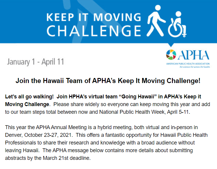 HIpublichealth's tweet photo. Join Hawaii's team of the #APHA Keep It Moving Challenge!
https://t.co/Cs7ExjedUF
Scroll the list for #HPHA's team name "Going Hawaii"
#NPHW #publichealth @UHMPublicHealth @HPU https://t.co/8qW6RfbgPH