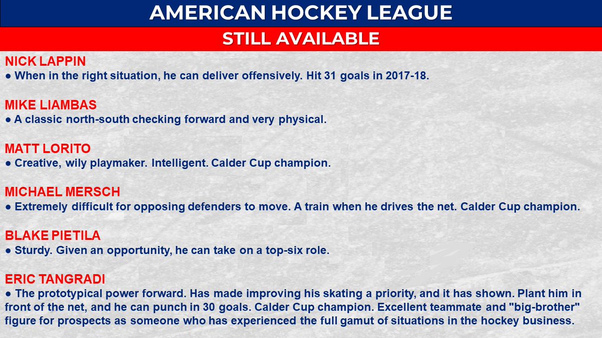 The biggest action is among the forwards, where there are still elite scorers who have 25- or 30-goal track records. This list contains captains, Calder Cup champions, and all types of roles.Many of these players also have considerable history mentoring top young prospects.