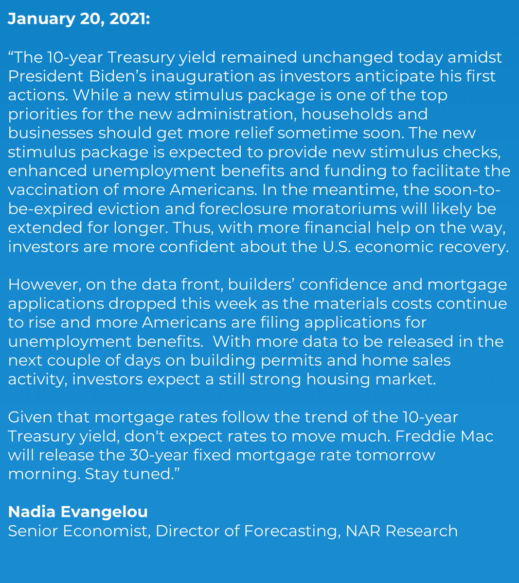NAR_Research's tweet image. "Given that mortgage rates follow the trend of the 10-year treasury yield, don't expect rates to move much. Freddie Mac will release the 30-year fixed mortgage rate tomorrow morning. Stay tuned."