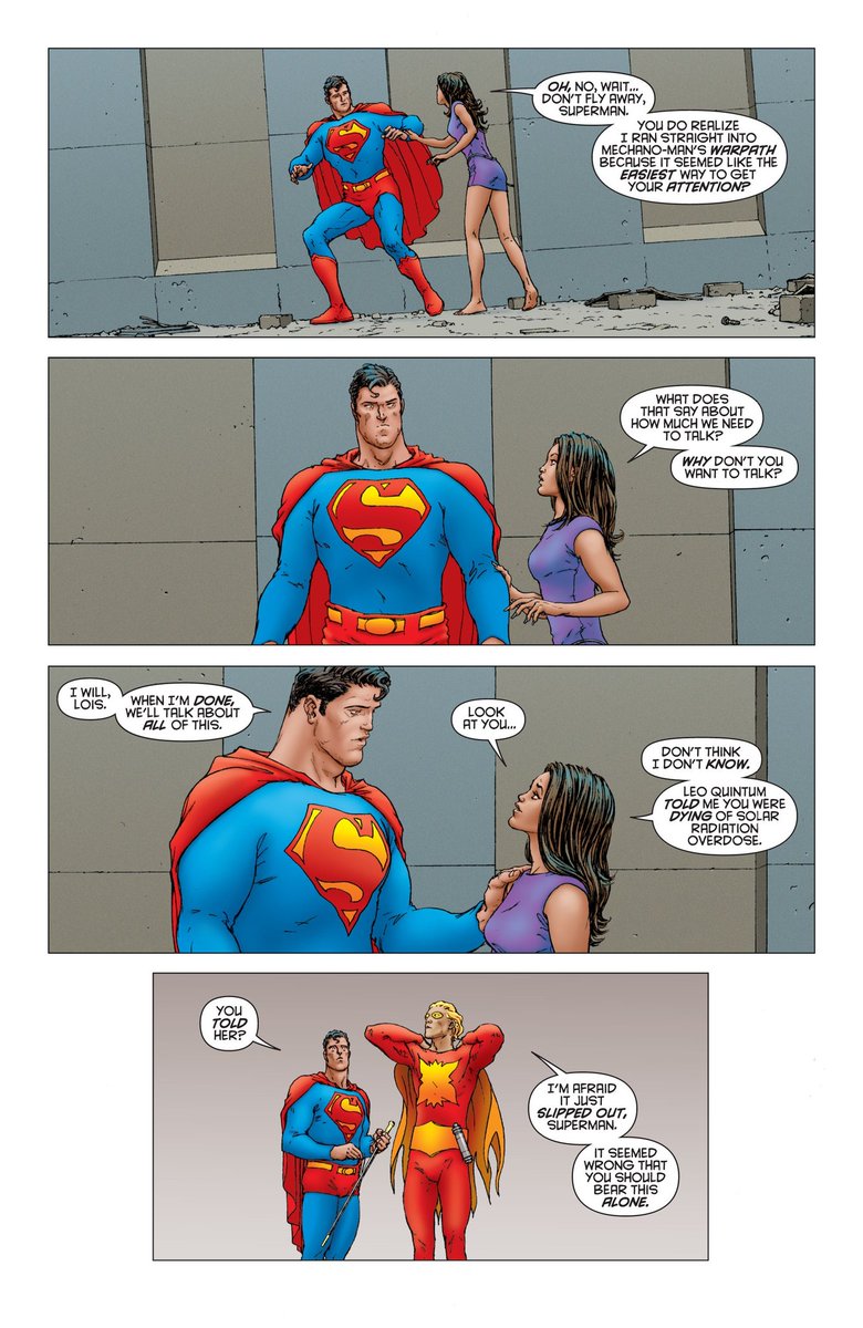 It stings to see that Clark has no words of comfort or reassurance for Lois in relation to his condition.I don't know how to feel about the whole "We can't have children" thing being presented as the big tragedy to Superman and Lois' relationship.