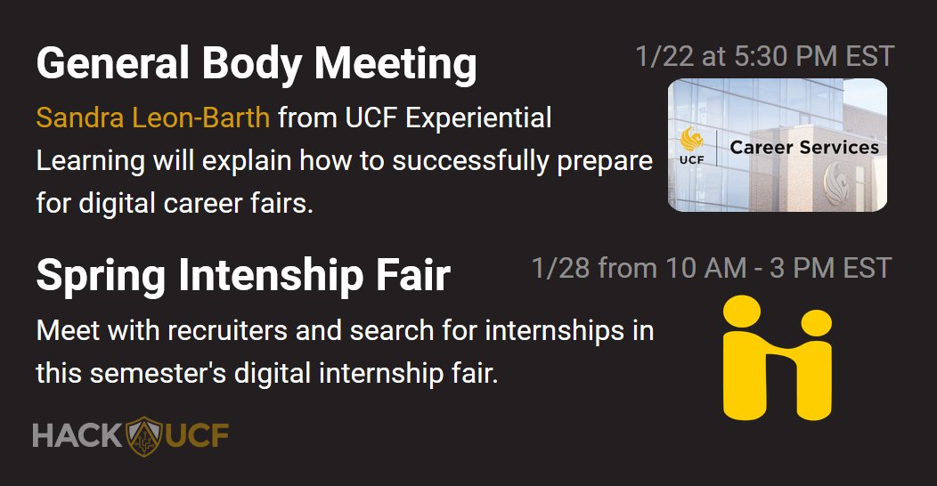 HackUCF's tweet image. This week, in anticipation for the Spring Internship Fair, we're inviting @ucf_el to talk about how to prepare for it! Join us as Sandra Leon-Barth explains how to navigate digital internship fairs.