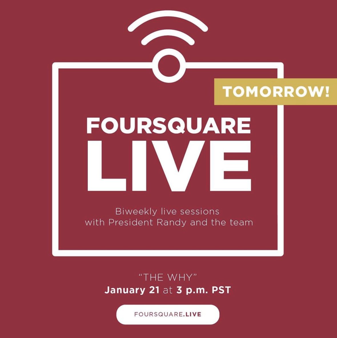 NEAFoursquare's tweet photo. Join the Foursquare Family tomorrow for the first Foursquare Live session with President Randy Remington and the team to discuss the next season for Foursquare! For more information, check out the link in our bio. https://t.co/HKUKzGKPkG