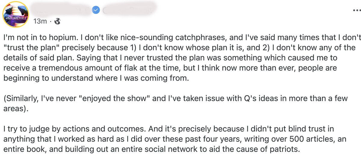 Neon Revolt, another big influencer who famously wrote a book about QAnon, says he never trusted the plan or enjoyed the show, and took issues with Q.He's mad and disheartened because he feels Trump gave up.He doesn't know whether the plan is forever dead and Q is defeated.