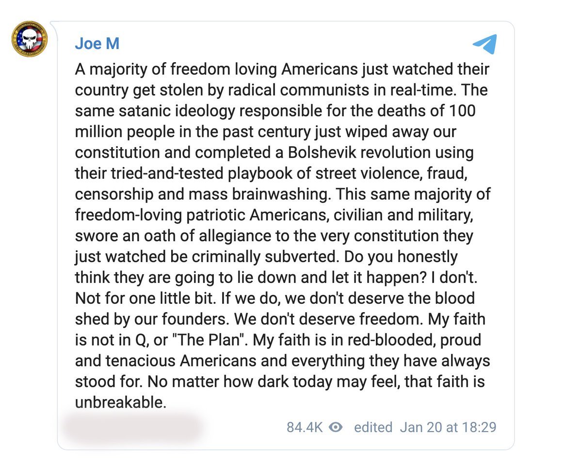 Joe M, one of the biggest of all QAnon influencers, says he no longer has "faith in Q or the plan".His faith is now in "red-blooded, proud and tenacious Americans" to do something about their country being "stolen by radical communists".