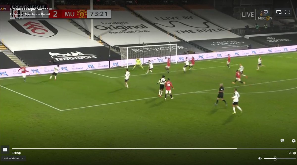 Shaw sprints into the Fulham box and is able to put in another cross. More attacking and attack minded play from him.