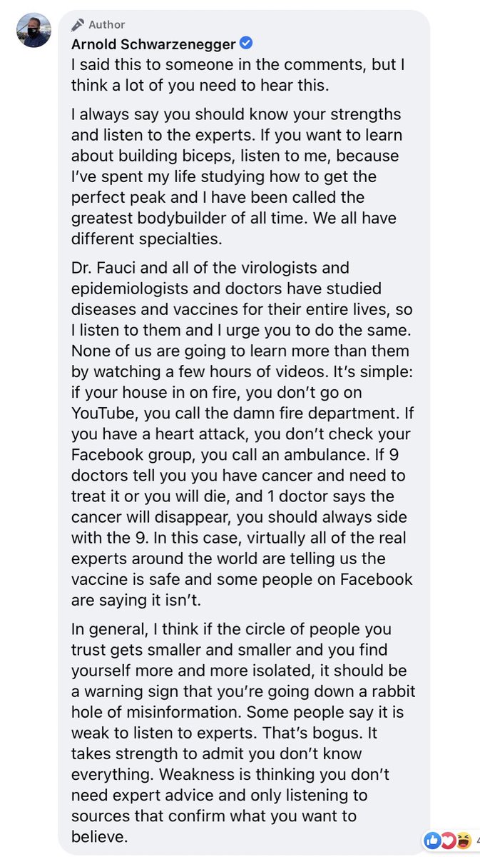 Professor @Schwarzenegger’s Facebook class is back in session in the comments on his vaccine video.