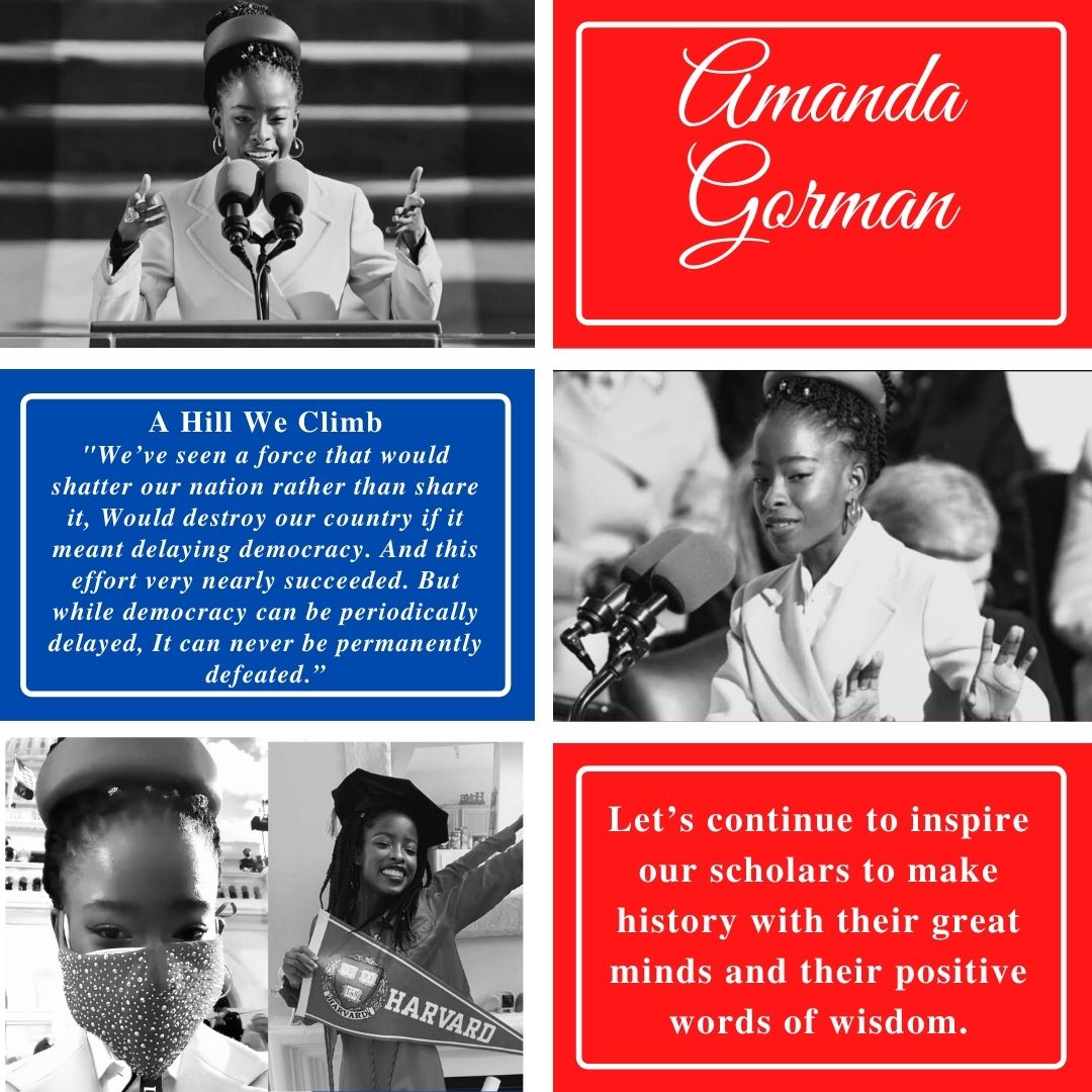 Amanda Gorman became the 1st LA Youth Poet Laureate in 2014. The Harvard Alumni made history on 1/20/21 as she was the youngest poet to recite a verse @ a presidential inauguration. Her poem "A Hill We Climb" has inspired our nation &amp; she will serve as a role model to our youth.