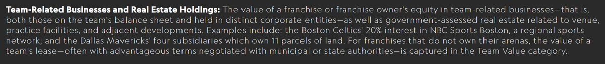 3/ First let’s take a look at how  @Sportico determined their valuation numbers.According to their methodology the valuations relied on two components:-Team Related Business & Real-Estate-“Team Value”See below for a further breakdown of what this actually means: