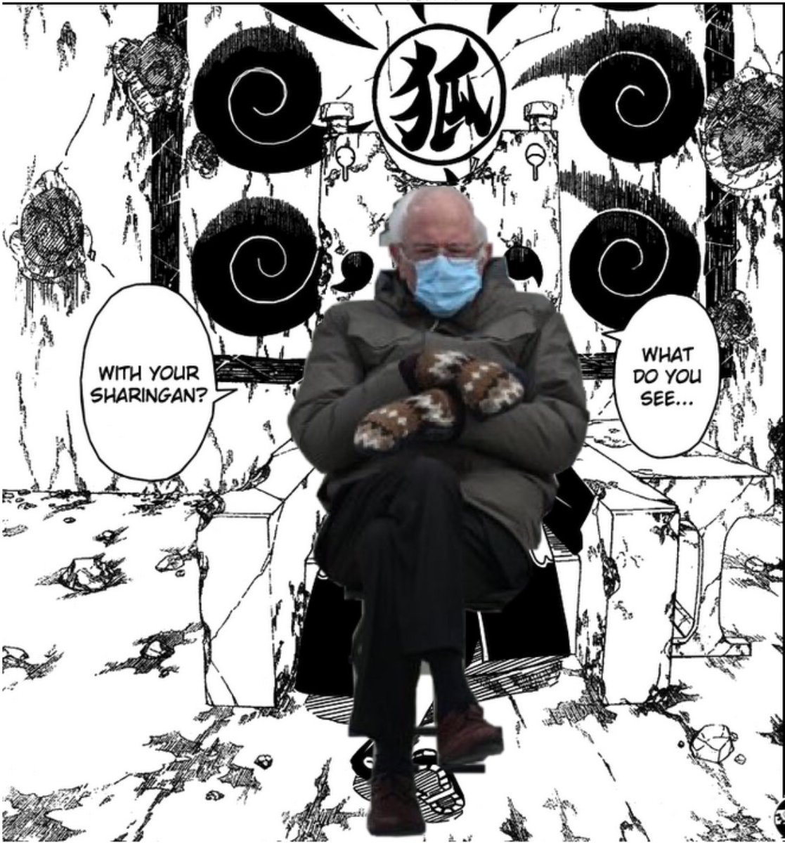 Rinnegod's tweet photo. Why was Bernie out there sitting like Itachi 💀 https://t.co/OgpHq9F8bP