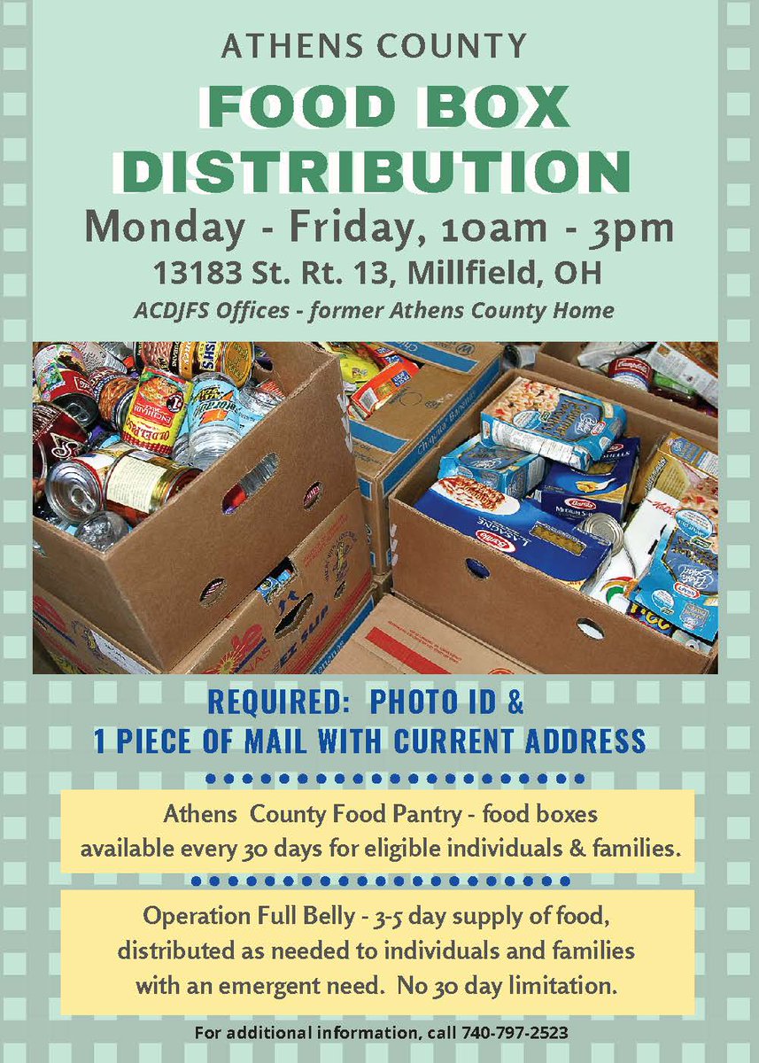 OMJ_AthensCo's tweet photo. We're here to help!  Food boxes are available Monday - Friday, 10am -3pm at 13183 St. Rt. 13, Millfield - County Home location. #ACDJFS #OMJ_AC @OhioJFS https://t.co/4z8PSPWNY0