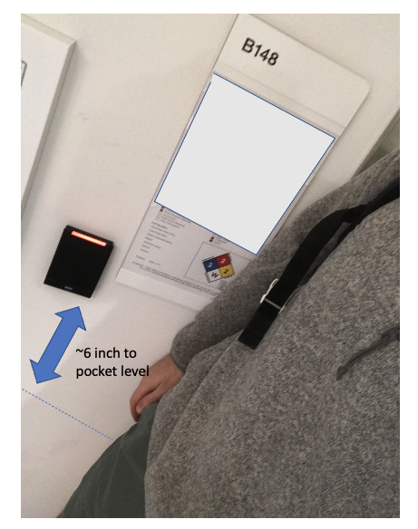 Another view at "butt-openable doors".We use ID card to get access to rooms.We often keep card in our pockets, or on a line attached to pocket. When hands are full, we need "touch" the card by just leaning to the reader. Instead today we had to jump 6-8in  #sciArch 21/N