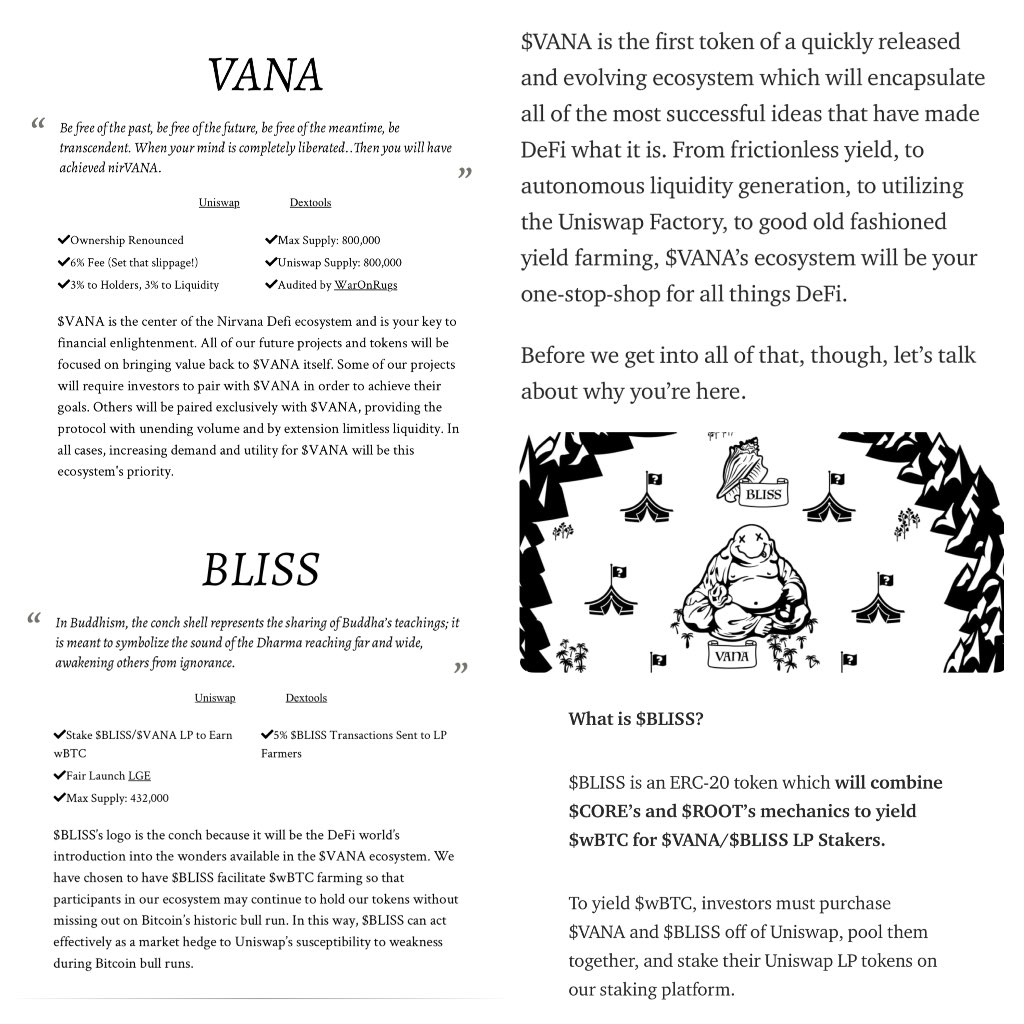 One more gem .. A dual token ecosystem coming together to create a power house of a reward system

- $VANA and $BLISS .. Staking Will reward you with $wBTC ✅ 
- 6% Tax on each $VANA transaction.  3% goes to liquidity and 3% to holders ✅ 
- Audited by @WARONRUGS ✅

DYOR 👌🏻