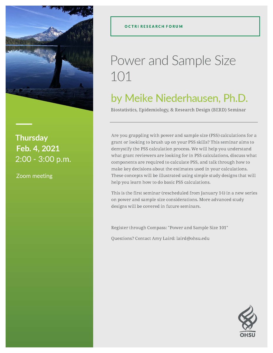 amyzlaird's tweet photo. Join us for this introductory seminar on power and sample size considerations! Taught by @M_Niederhausen on Thursday, February 4th at 2pm, this is the first seminar in a new OCTRI BERD Research Forum series. https://t.co/fK4oyemE02