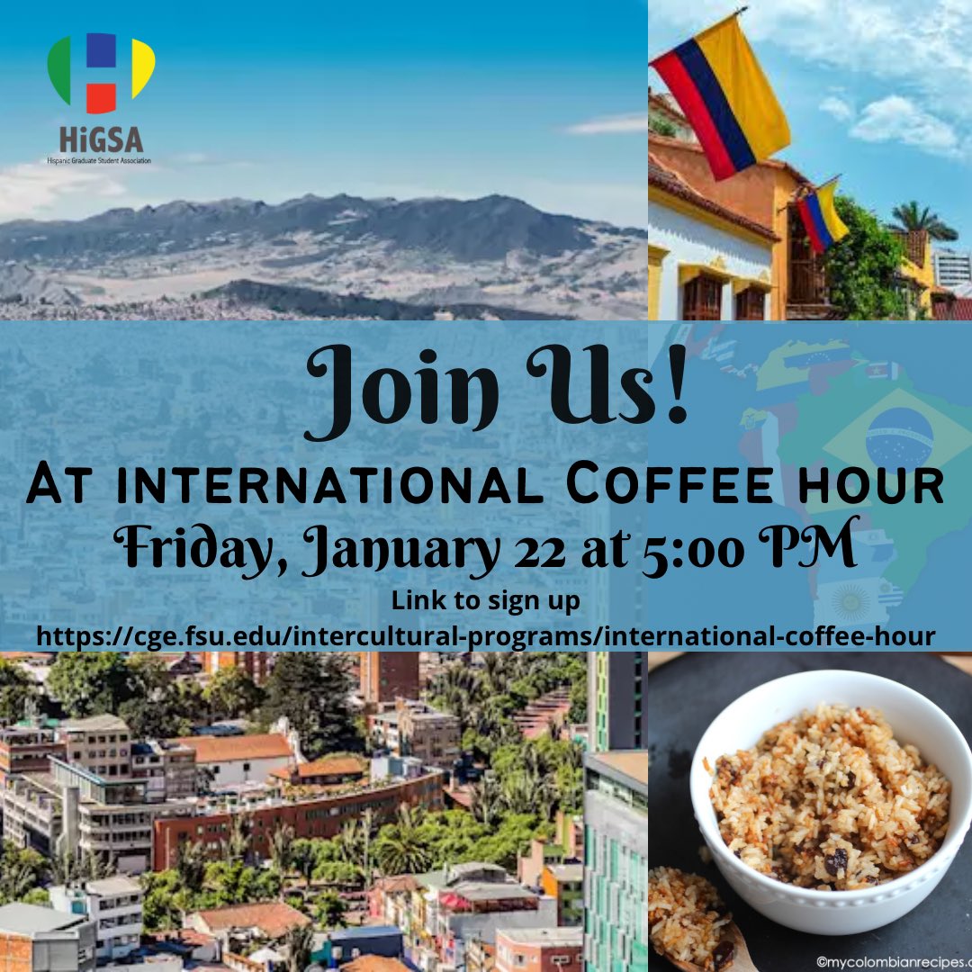 We hope you join us for another fun international coffee hour with @fsucge ! 
Join us as we make arroz con coco Colombiano 🇨🇴 
It’ll be a treat 😉

To join, don’t forget to sign up ahead of time with the link in the post or by clicking on our link in bio!!