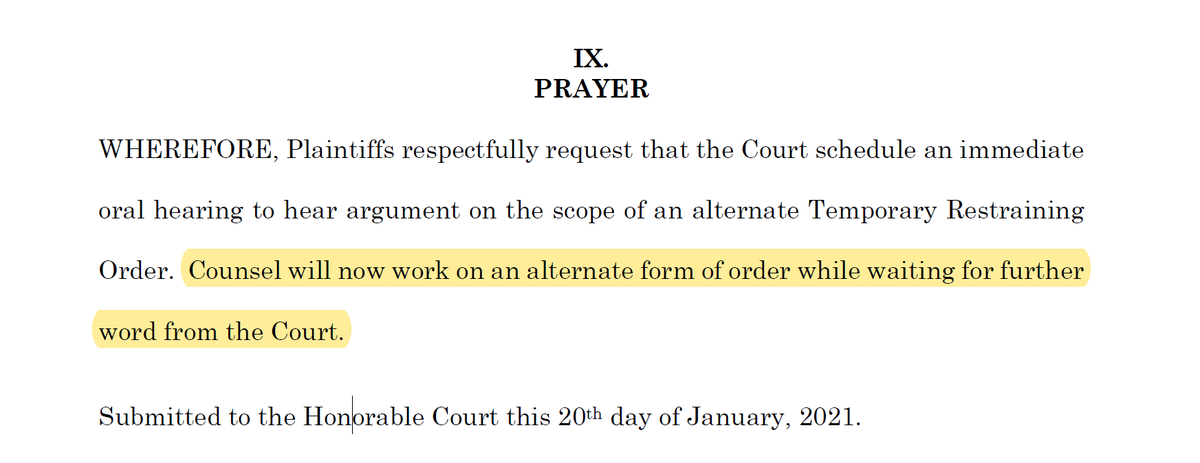 Best. Prayer. For. Relief. Ever."Judge, please give us an immediate hearing while we try to figure out what we want now."I mean that's literally the prayer for relief in this one.