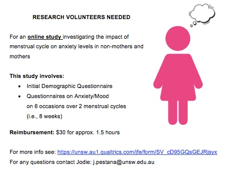 I'm conducting an online study looking at anxiety in women and need more mother participants 👩‍👧👶 

Participants need to be aged 18-40, have a regular menstrual cycle &amp; be located in Australia.

Check out the link for more information/to sign up:
unsw.au1.qualtrics.com/jfe/form/SV_cD….