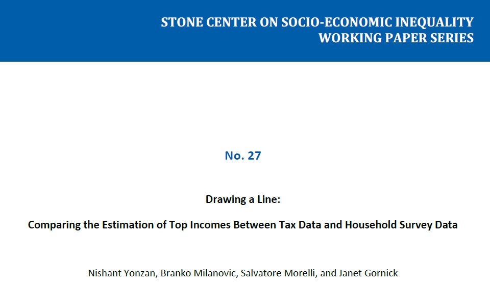 In a new WP with  @nishant_yonzan ,  @BrankoMilan, and  @JanetGornick, we try to "draw a line" Comparing the Estimation of Top Incomes Between Tax Data and Household Survey Data.  https://osf.io/preprints/socarxiv/e3cbs/ Here is what we find 1/n
