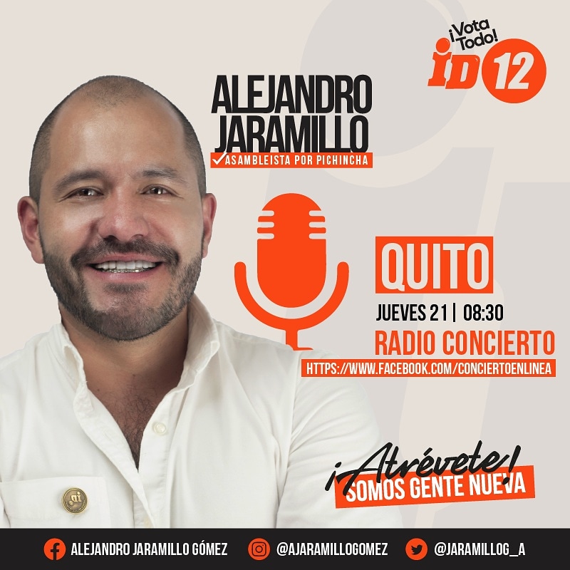 JaramilloG_A's tweet photo. #entrevista Les invito a conocer mi propuesta de trabajo, el día de mañana a las 8h30 am en Radio Concierto

Dialogaremos sobre los pilares que necesita Pichincha educación, seguridad, corrupción y empleo

#Elecciones2021Ec #AlejandroAsambleista
#Pichincha #Alejandroenmedios https://t.co/n6v8gJdJuF