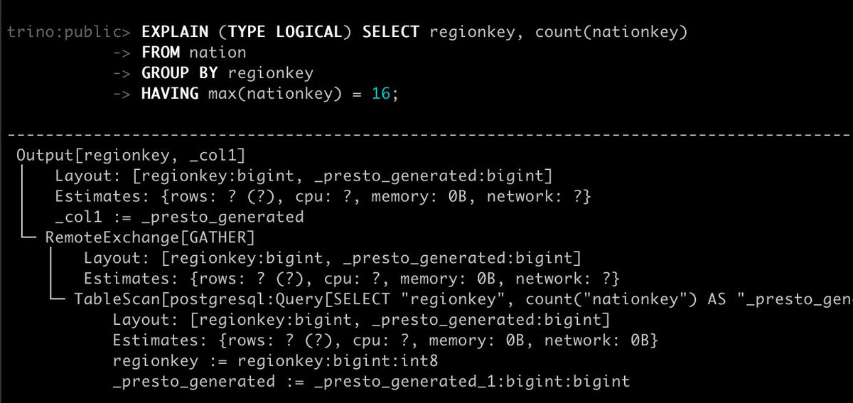 findepi's tweet image. Upcoming @trinodb release is going to enjoy HAVING pushdown, and this without any new pushdown APIs needed to be added! 😎
This works with @PostgreSQL, @MySQL @SQLServer and any other #trino JDBC connector. 🚀
github.com/trinodb/trino/…
#trino #prestosql #prestodb #presto