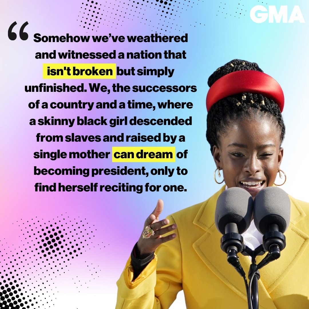 GMA's tweet photo. 22-year-old Amanda Gorman made history as the youngest poet in recent history to read a poem at a presidential inauguration. https://t.co/IH535sgrKj https://t.co/Y8foF40rFz