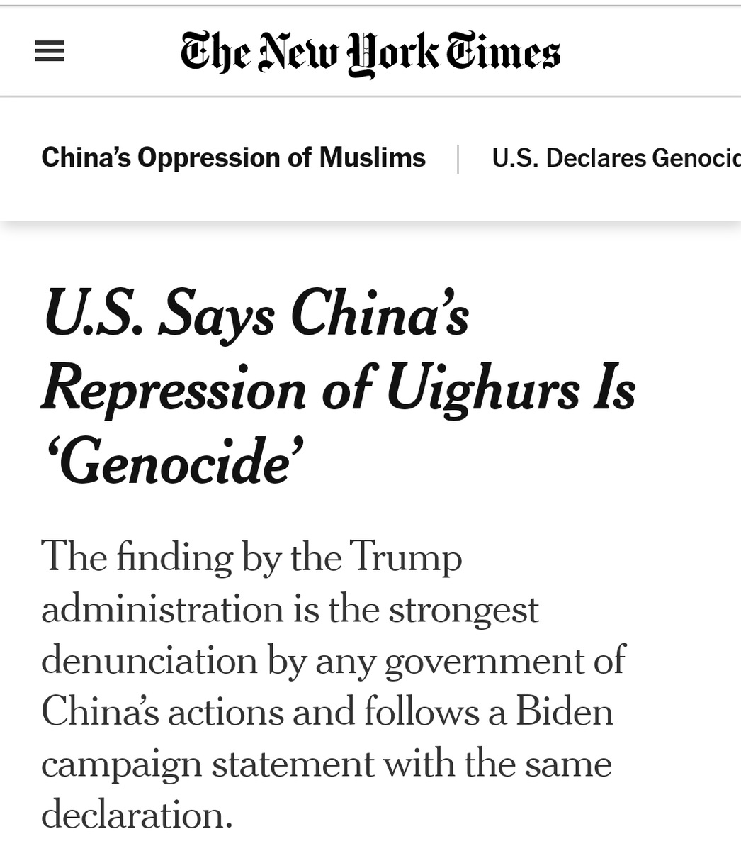 Trump yönetiminin son gününde, ABD, Çin hükümetinin, başta Uygur Türkleri olmak üzere, müslüman azınlıklara uyguladığı zulmü, "soykırım" ilan eden ilk ülke oldu. Biden ekibi de, duruşunu bu yönde beyan etmişti. Darısı, Türk ve Müslüman ülkelerin başına

nytimes.com/2021/01/19/us/…