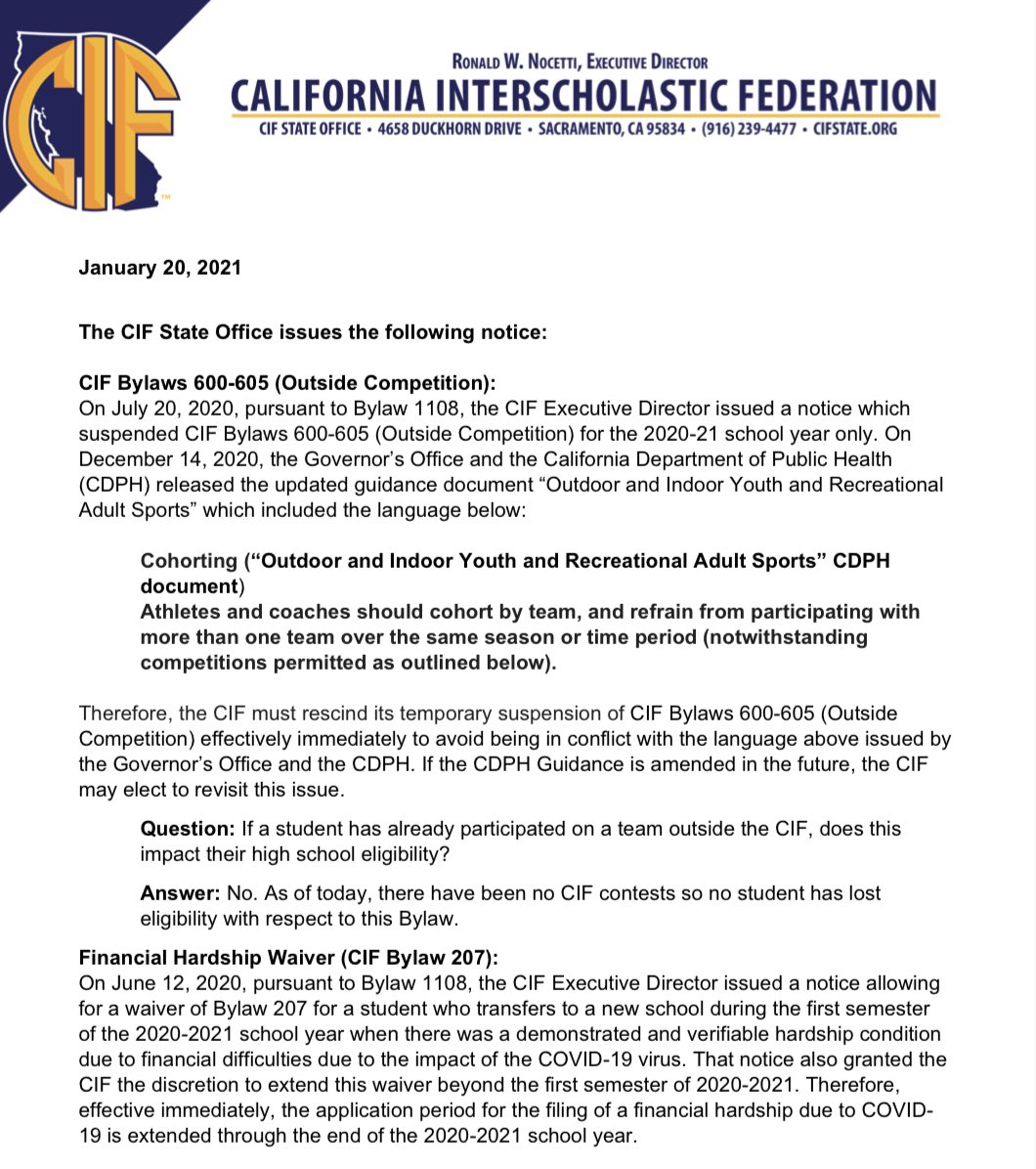 CACoachesAssoc's tweet photo. The @CIFState office has updated Outside Competition bylaw to avoid being in conflict with CDPH guidelines. Therefore student-athletes are NOT allowed to participate in both club &amp; high school sports during the same season. Reason = CDPH prohibits athletes in more than 1 cohort. https://t.co/ZHDcfusz1i