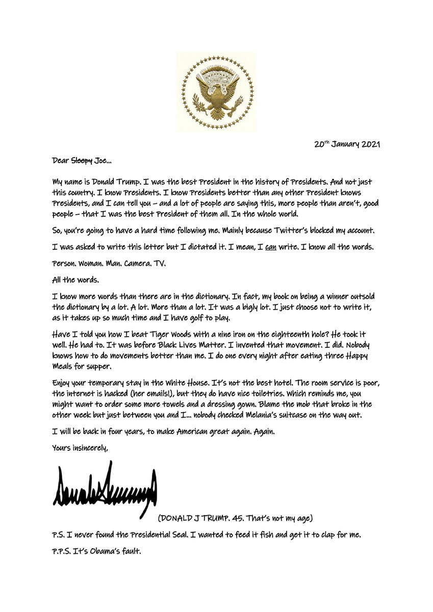 BarnabyEJ's tweet photo. I managed to obtain a copy of #DonaldTrump's letter to #JoeBiden. Honestly... https://t.co/dZGcx96SwQ