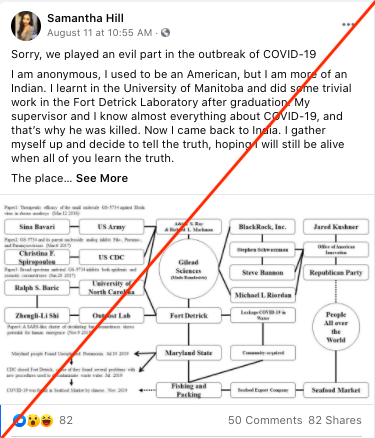 Also circulating again is a now-deleted FB post from Aug 2020 claiming the new coronavirus originated in Fort Detrick. At the time,  @thedailybeast &  @adico11 linked the post to a pro-China disinformation campaign pushing the “American virus” narrative  https://www.thedailybeast.com/pro-china-conspiracy-campaign-attacks-covid-drugmaker