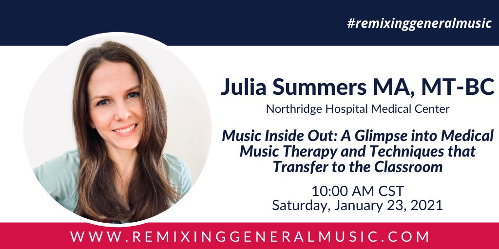 So thrilled to have <a href="/JuliaMoSum/">JuliaMorrisonSummers</a> kick off our last day of the 2021 #RemixingGeneralMusic Series with her session, "Music Inside Out: A Glimpse into Medical Music Therapy and Techniques that Transfer to the Classroom."
Register at remixinggeneralmusic.com
See you Saturday morning!