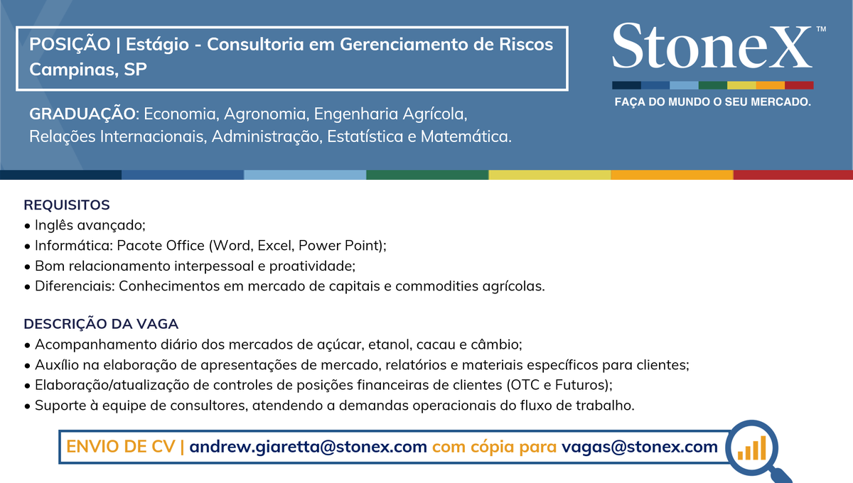 Oportunidade | #Vaga para Estágio - Consultoria em Gerenciamento de Riscos em Campinas, SP. Envio de CV: andrew.giaretta@stonex.com e vagas@stonex.com https://t.co/MpCfWkCaM1