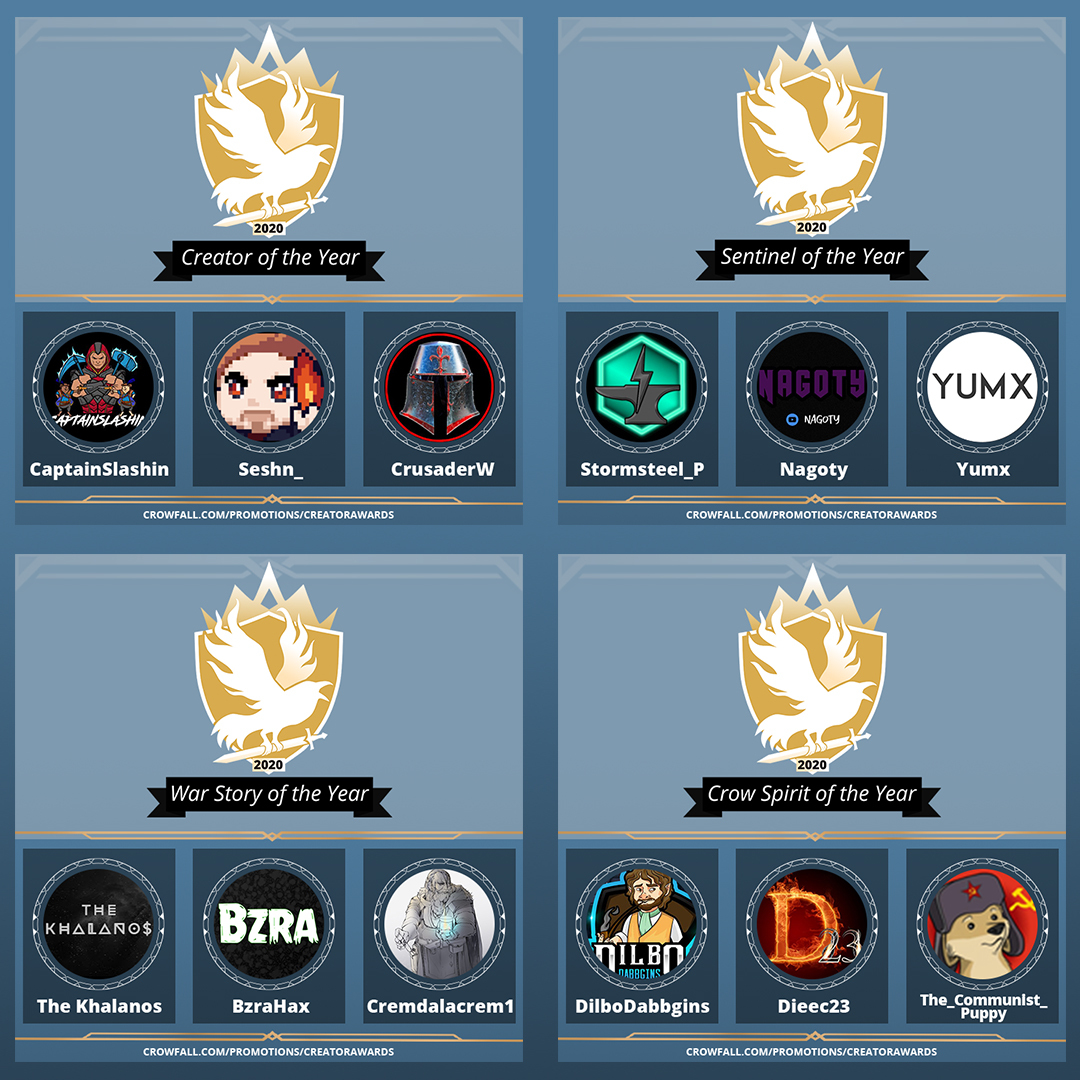 CrowfallGame's tweet image. #Crowfall celebrates its #CrowCircle creators with the #CreatoroftheYear awards! Voting ends this Sunday! Vote for your favorite creators, now! Crowfall.com/promotions/cre… #YourVoteMatters