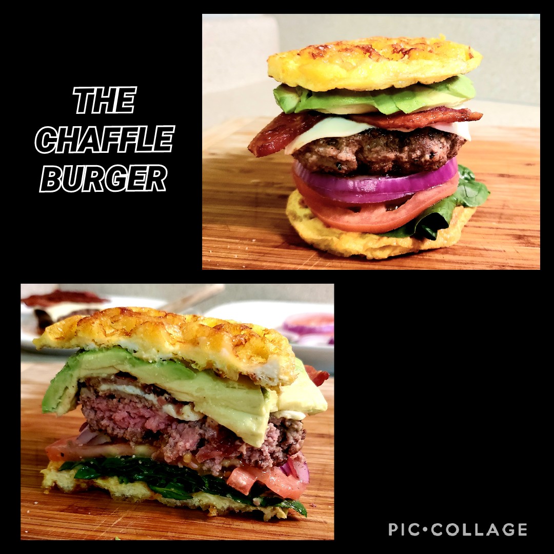 THE CHAFFLE BURGER - 6oz burger patty, cheddar chaffles, spinach, tomato, onion, white cheddar and thick cut applewood smoked bacon. #ketommunity #keto #ketodiet #lowcarb #ketosis #ketogenicdiet #ketolife #ketolifestyle #ketoweightloss #ketofood #ketorecipes #ketomeals #ketofam