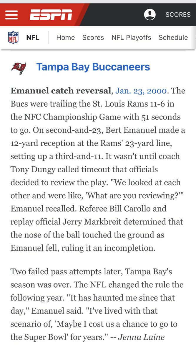 BertEmanuelSr's tweet photo. Approaching @NFL Championship weekend, too many teams have experienced controversial calls that impacted their outcomes. I remember like it was yesterday, leading to the “Bert Emanuel Rule” defining a CATCH. @ESPN identifies each team’s painful infamous moments... #gameintegrity https://t.co/AIkdJ6HF8m