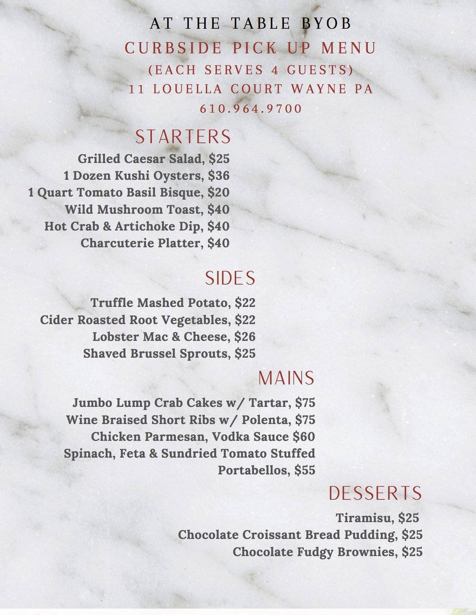 This weeks curbside family dinner menu:) 👩‍🍳💗