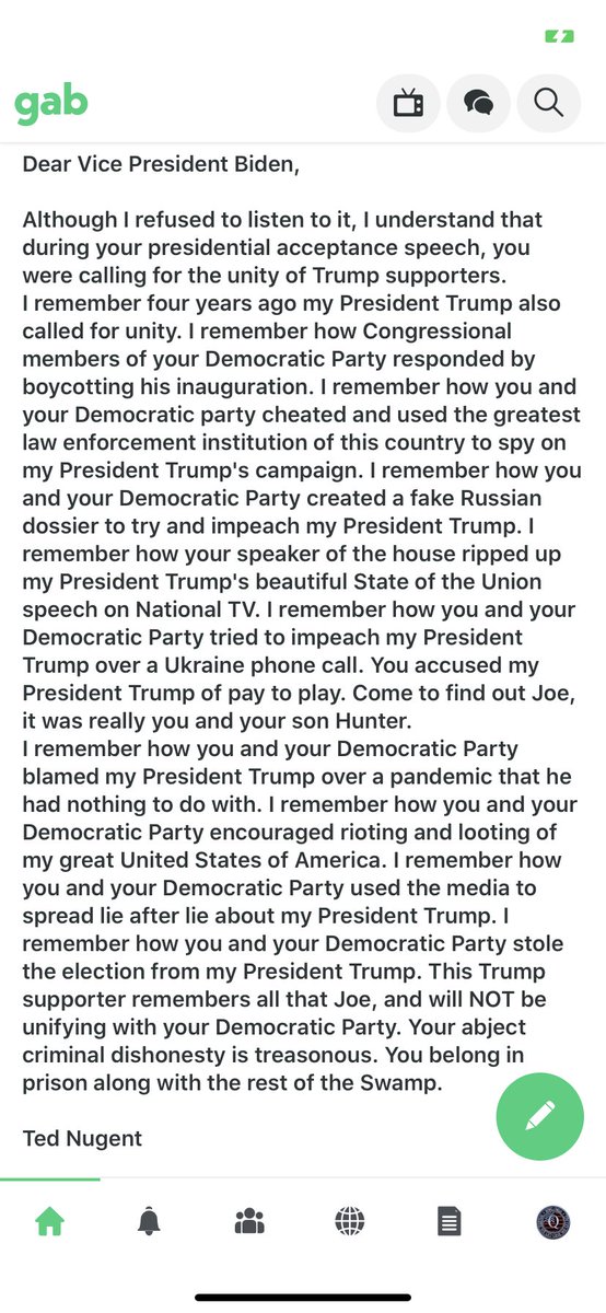 CallMePye45's tweet photo. Ted Nugent wrote this letter to Biden on his FB page.  I took it from GAB, it’s going viral, pass it on. https://t.co/L8IKgMRCYP