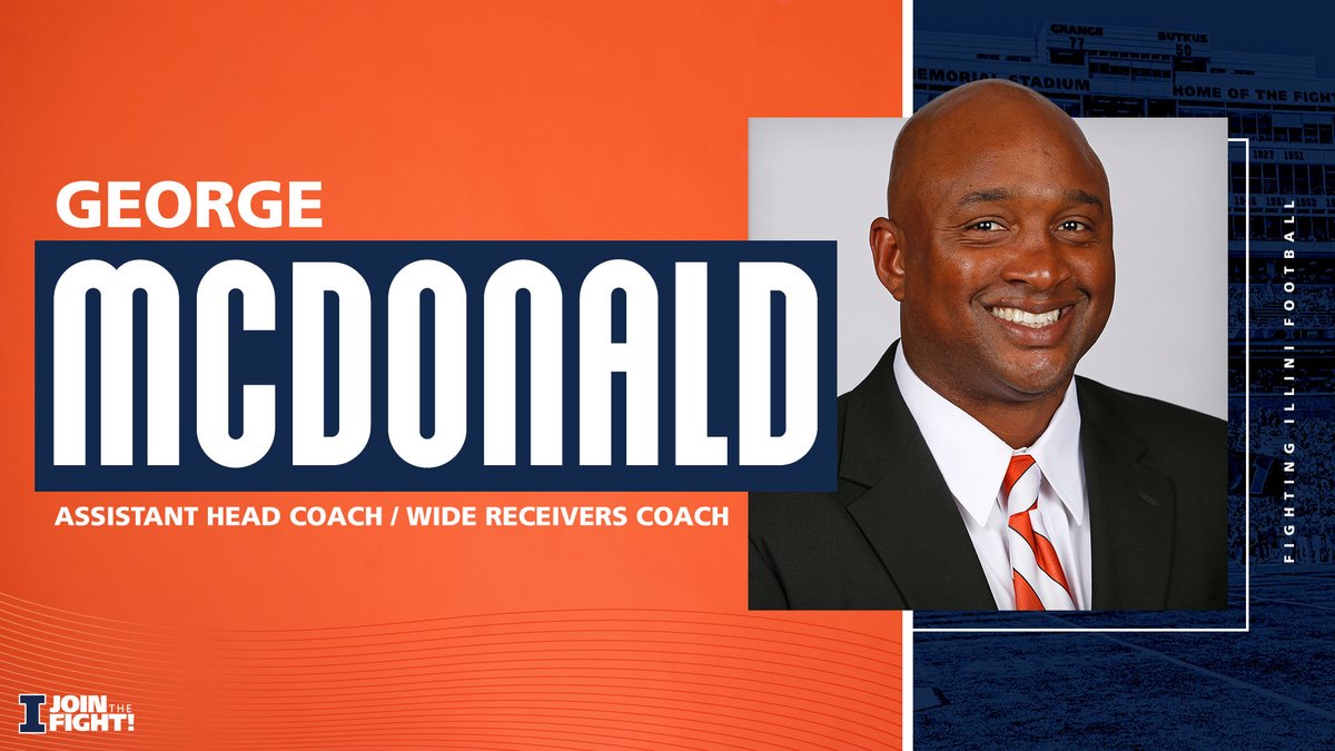 Illinois Football (@illinifootball) on Twitter photo Welcome back home, <a href="/CoachGMcDonald/">George McDonald</a>!
The former #Illini is back as assistant head coach/wide receivers coach. 🔶🔷
📝 » fightingillini.com/news/2021/1/20… Welcome back home, <a href="/CoachGMcDonald/">George McDonald</a>!
The former #Illini is back as assistant head coach/wide receivers coach. 🔶🔷
📝 » fightingillini.com/news/2021/1/20…