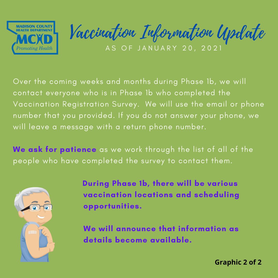 VACCINATION INFORMATION UPDATE!

Please read these 2 graphics for the latest information about COVID-19 Vaccines in Madison County.  We will continue to provide new and additional information throughout the vaccination process.

#COVID19 #publichealth #vaccine