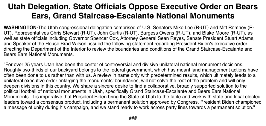 crichardsmedia's tweet photo. Utah officials released a statement opposing President Joe Biden's executive order directing the Department of the Interior to review the boundaries of Bears Ears and Grand Staircase-Escalante. #utpol https://t.co/CtrReQAJyu
