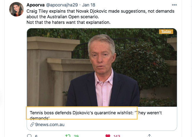 The "TERRORIST," with whom Aussies don't "negotiate" apparently, was nonetheless defended by the likes of Chris Evert and head of Tennis Australia Craig Tiley 3/6